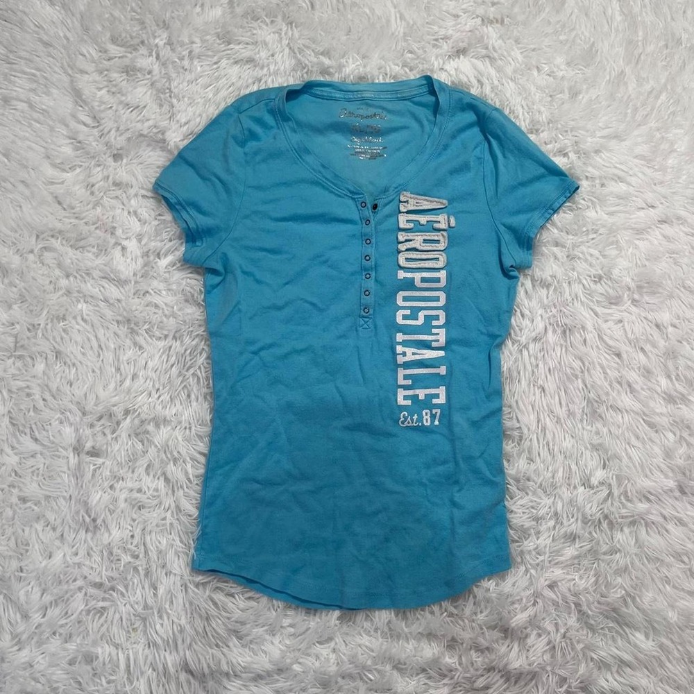 y2k vintage aeropostale blue embroidered sequin graphic button up henley top xl